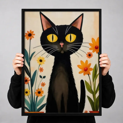 Black Cat with Orange Flowers Wall Art 3