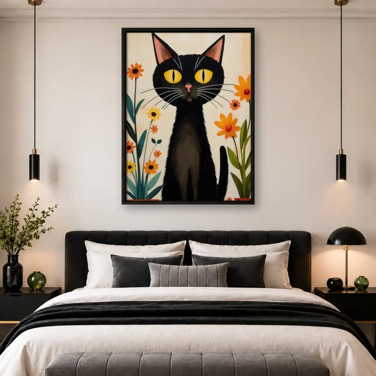 Black Cat with Orange Flowers Wall Art 4