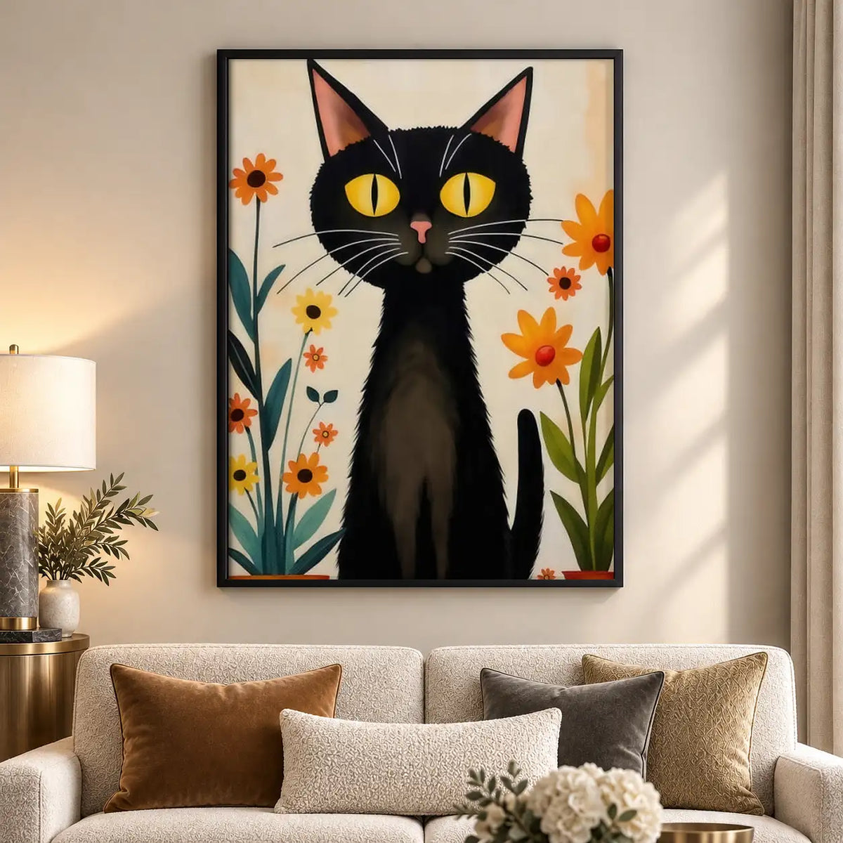 Black Cat with Orange Flowers Wall Art 5