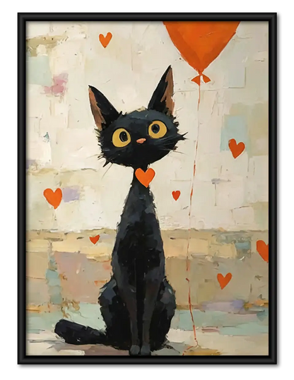 Black Cat with Orange Heart Balloon Wall Art 1
