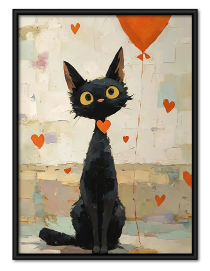 Black Cat with Orange Heart Balloon Wall Art