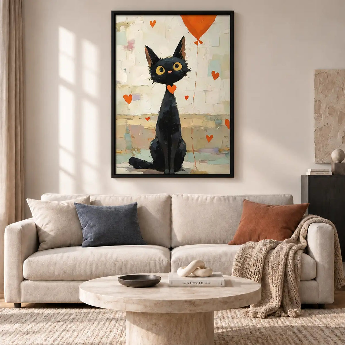 Black Cat with Orange Heart Balloon Wall Art 2