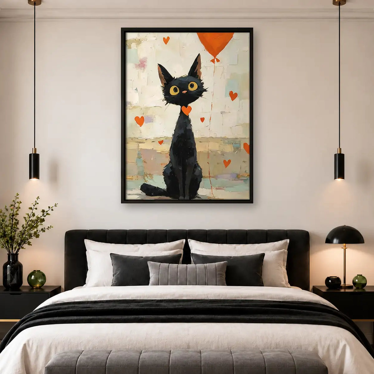 Black Cat with Orange Heart Balloon Wall Art 4