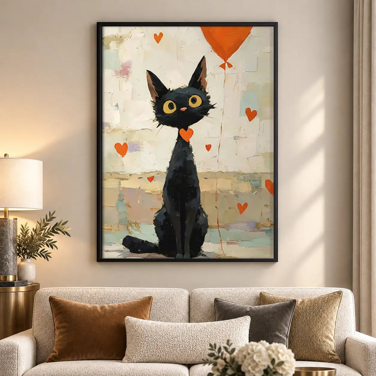 Black Cat with Orange Heart Balloon Wall Art 5