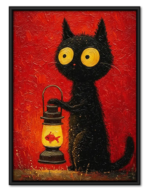 Black Cat with Red Camping Lantern Wall Art