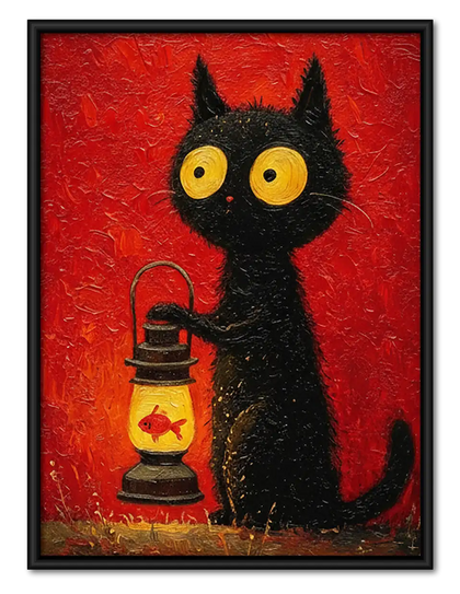 Black Cat with Red Camping Lantern Wall Art