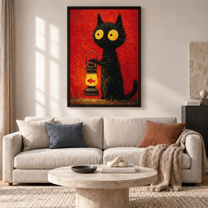 Black Cat with Red Camping Lantern Wall Art 2