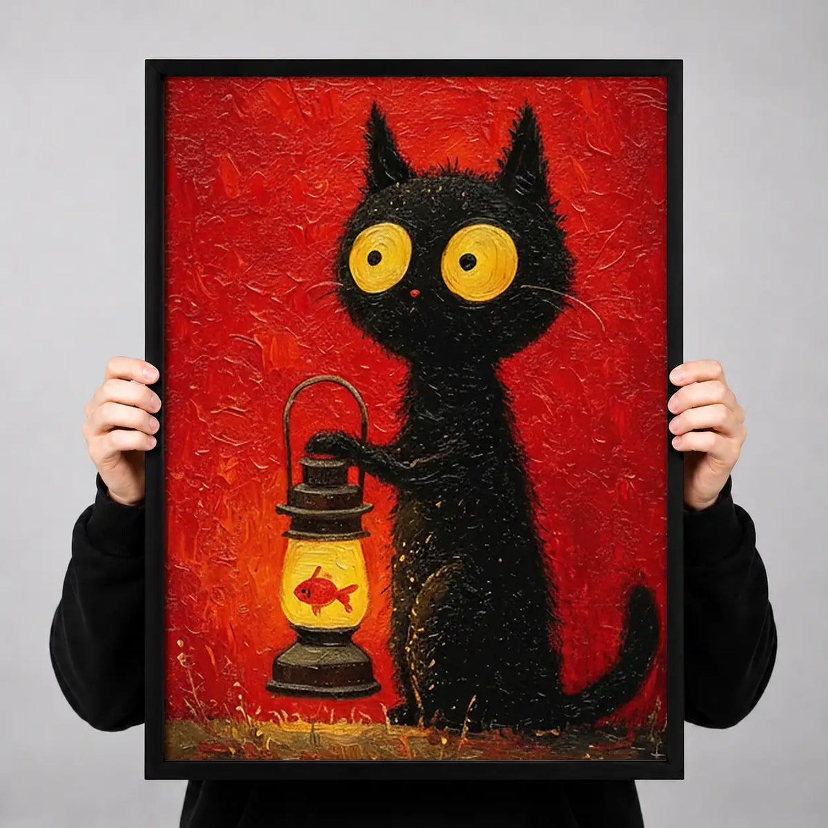Black Cat with Red Camping Lantern Wall Art 3