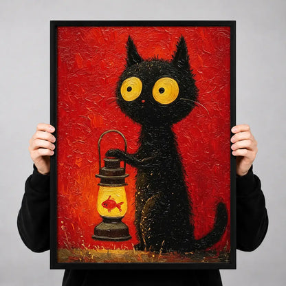 Black Cat with Red Camping Lantern Wall Art 3