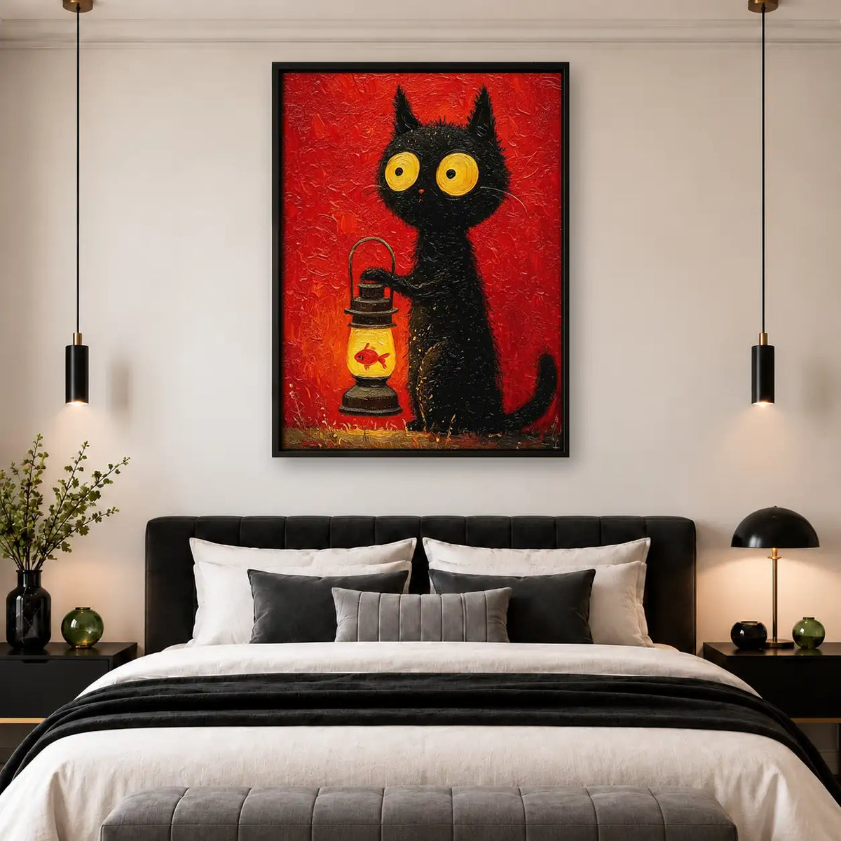 Black Cat with Red Camping Lantern Wall Art 4