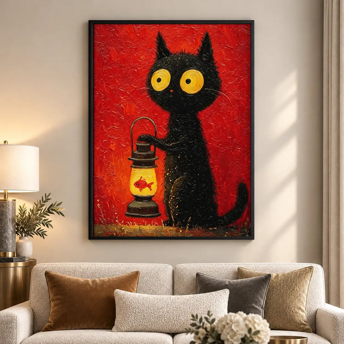 Black Cat with Red Camping Lantern Wall Art 5