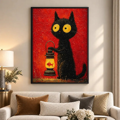 Black Cat with Red Camping Lantern Wall Art 5