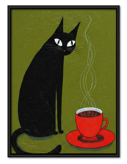 Black Cat with Red Coffee Cup Wall Art 1