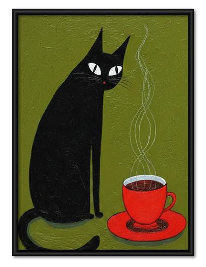 Black Cat with Red Coffee Cup Wall Art