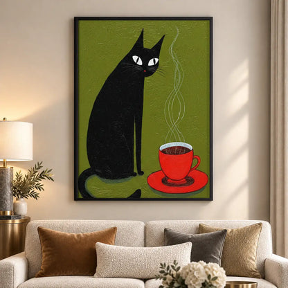 Black Cat with Red Coffee Cup Wall Art 5