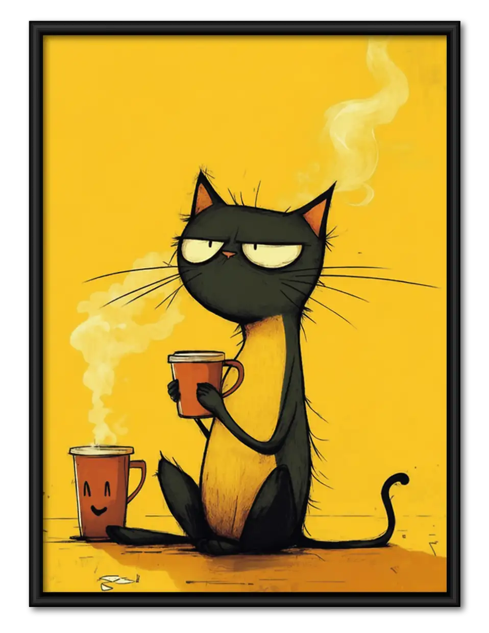 Black Cat with Steaming Red Mug Wall Art 1