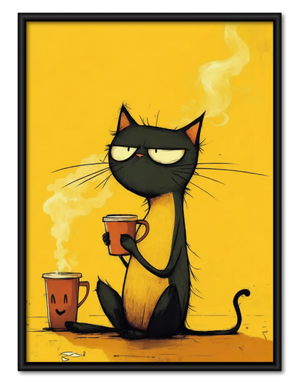 Black Cat with Steaming Red Mug Wall Art