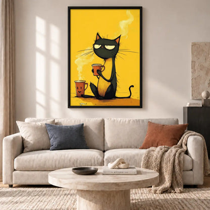 Black Cat with Steaming Red Mug Wall Art 2