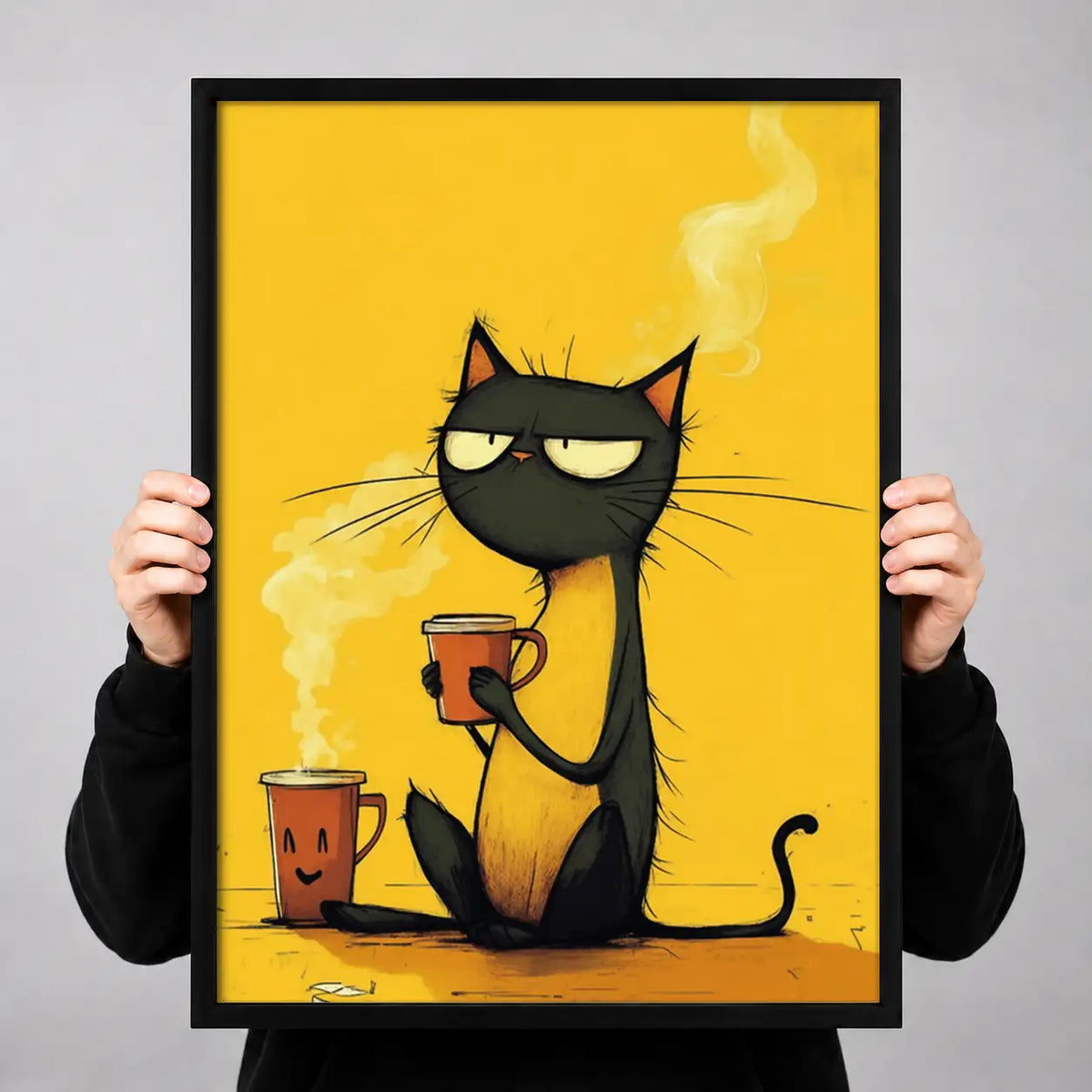 Black Cat with Steaming Red Mug Wall Art 3