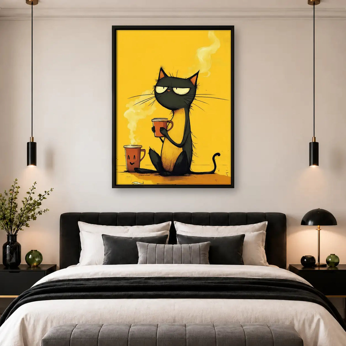 Black Cat with Steaming Red Mug Wall Art 4