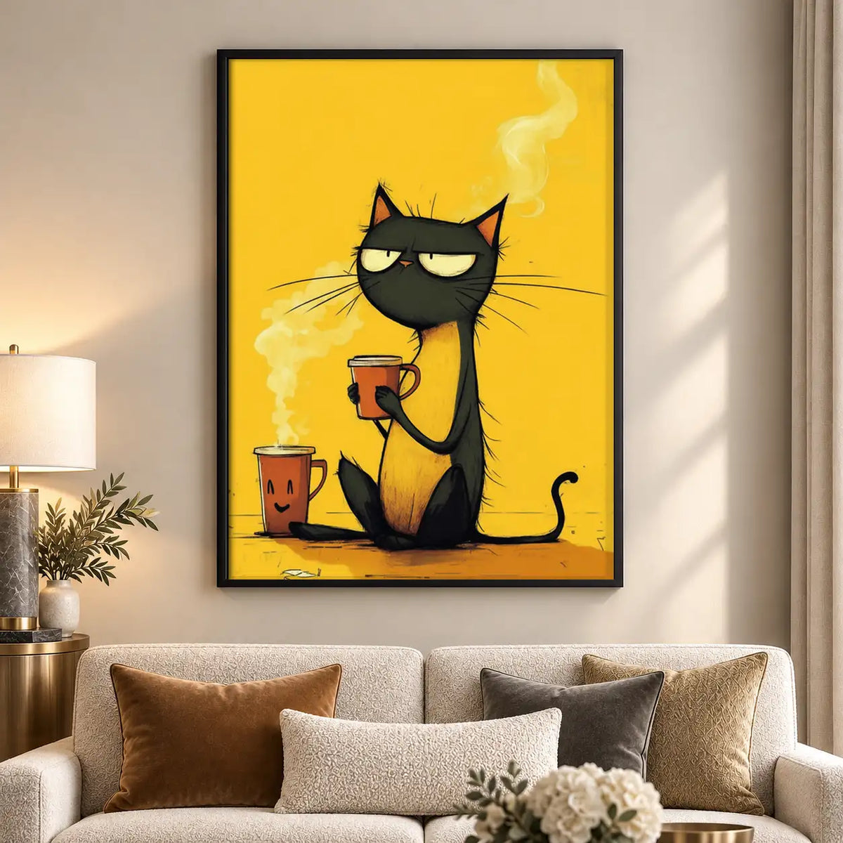 Black Cat with Steaming Red Mug Wall Art 5