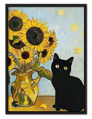 Black Cat with Sunflowers Wall Art