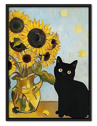 Black Cat with Sunflowers Wall Art 1