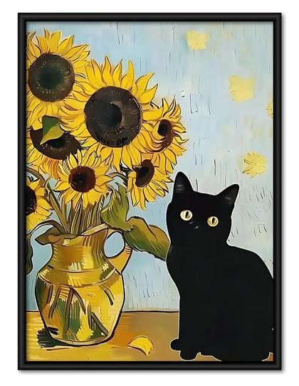 Black Cat with Sunflowers Wall Art
