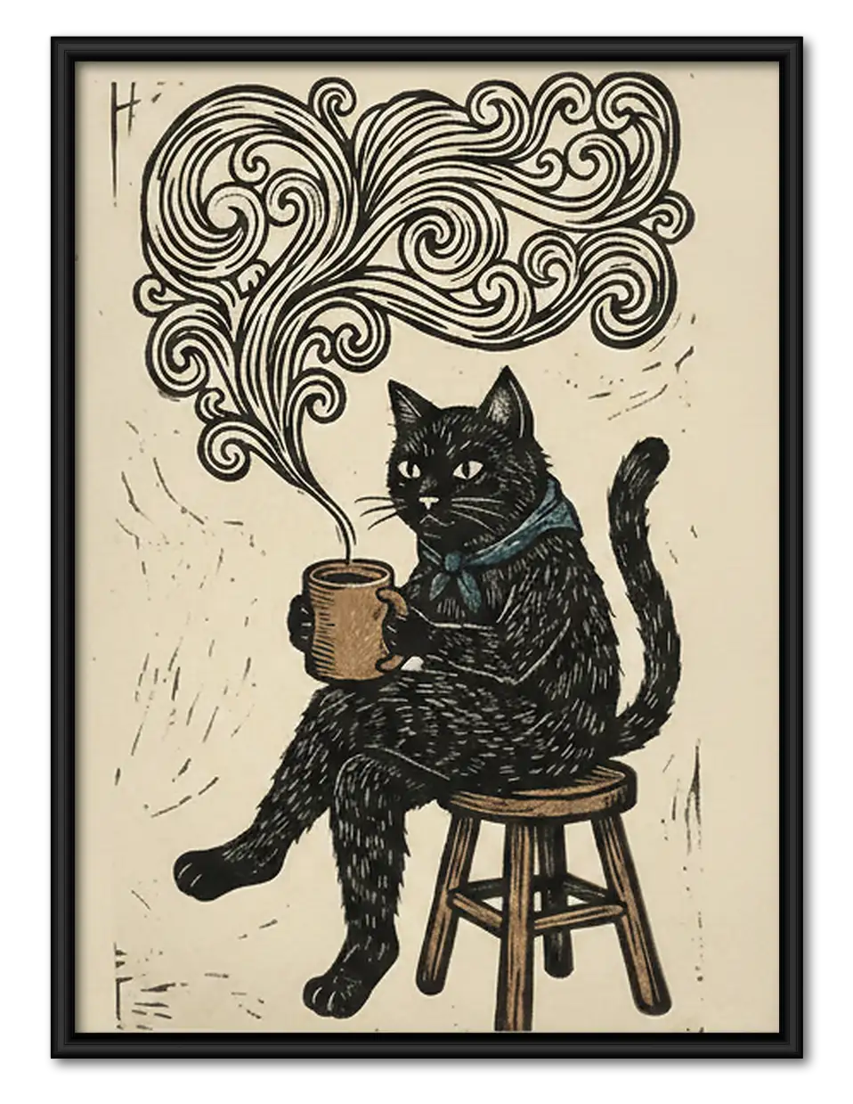 Black Cat with Swirling Coffee Steam Wall Art 1