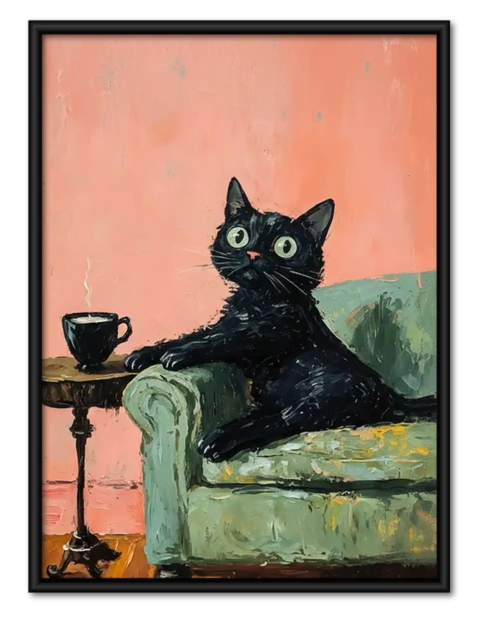 Black Cat with Tea in Pink Chair Wall Art 1