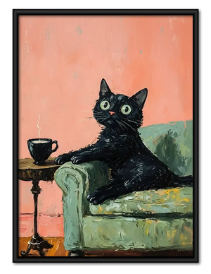Black Cat with Tea in Pink Chair Wall Art