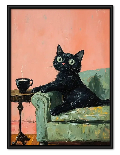 Black Cat with Tea in Pink Chair Wall Art