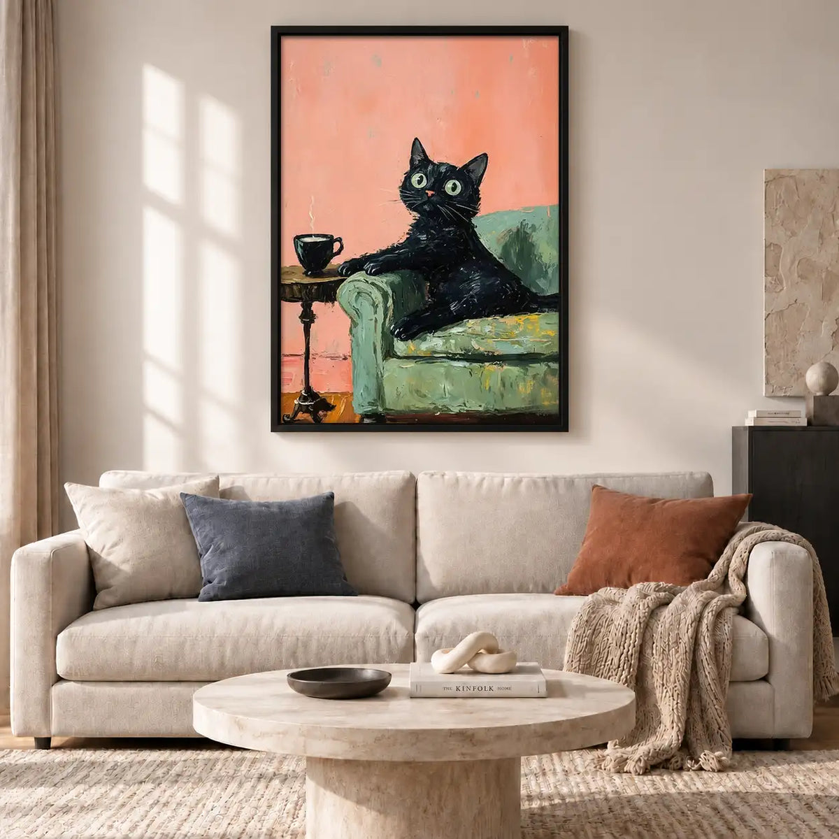 Black Cat with Tea in Pink Chair Wall Art 2