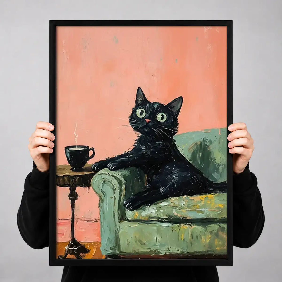 Black Cat with Tea in Pink Chair Wall Art 3