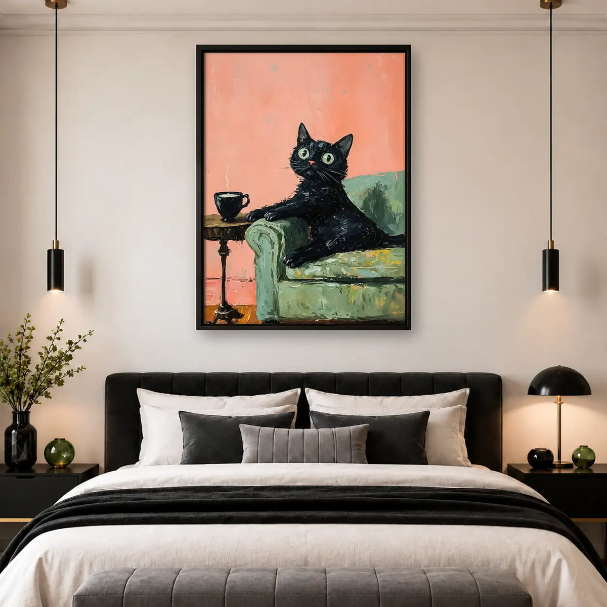Black Cat with Tea in Pink Chair Wall Art 4