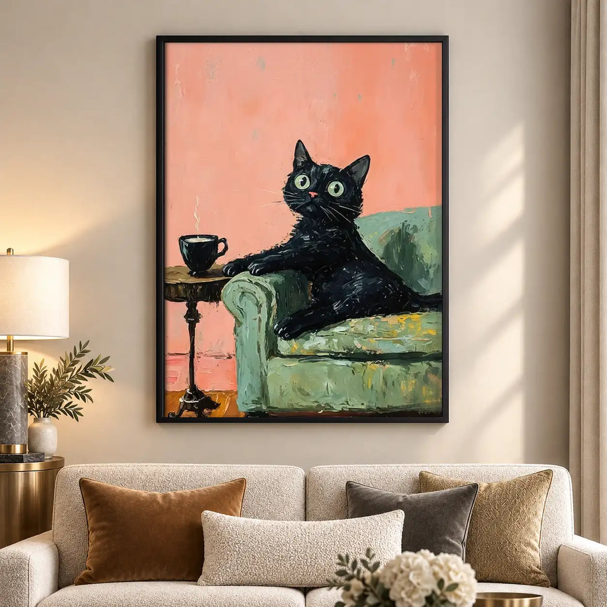 Black Cat with Tea in Pink Chair Wall Art 5