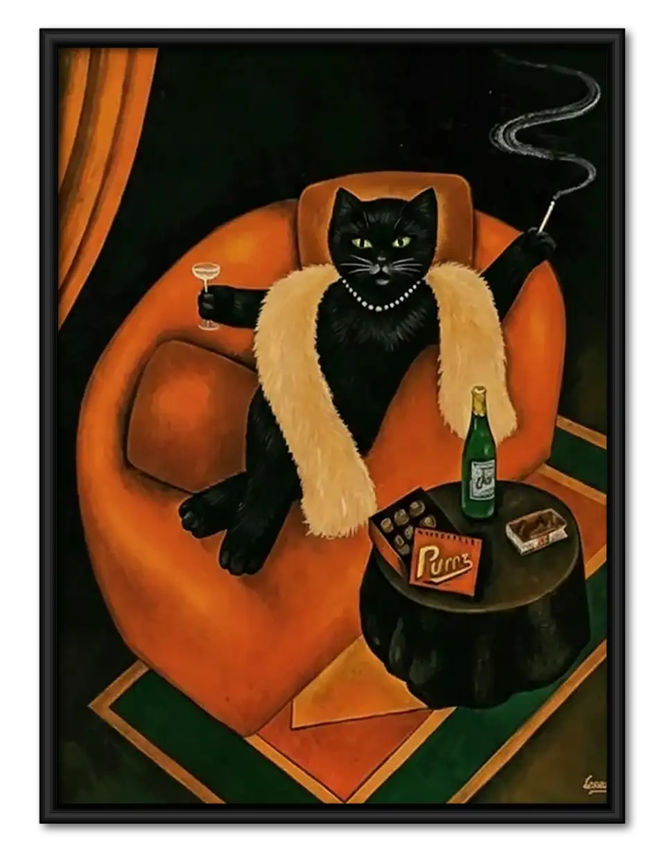 Black Cat with Whiskey in Orange Chair Wall Art 1