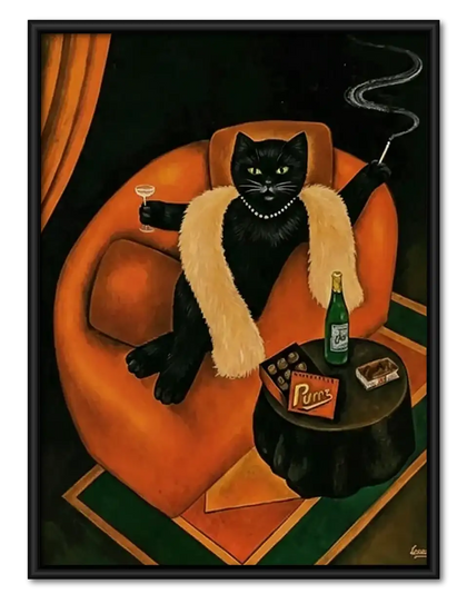 Black Cat with Whiskey in Orange Chair Wall Art