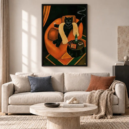 Black Cat with Whiskey in Orange Chair Wall Art 2
