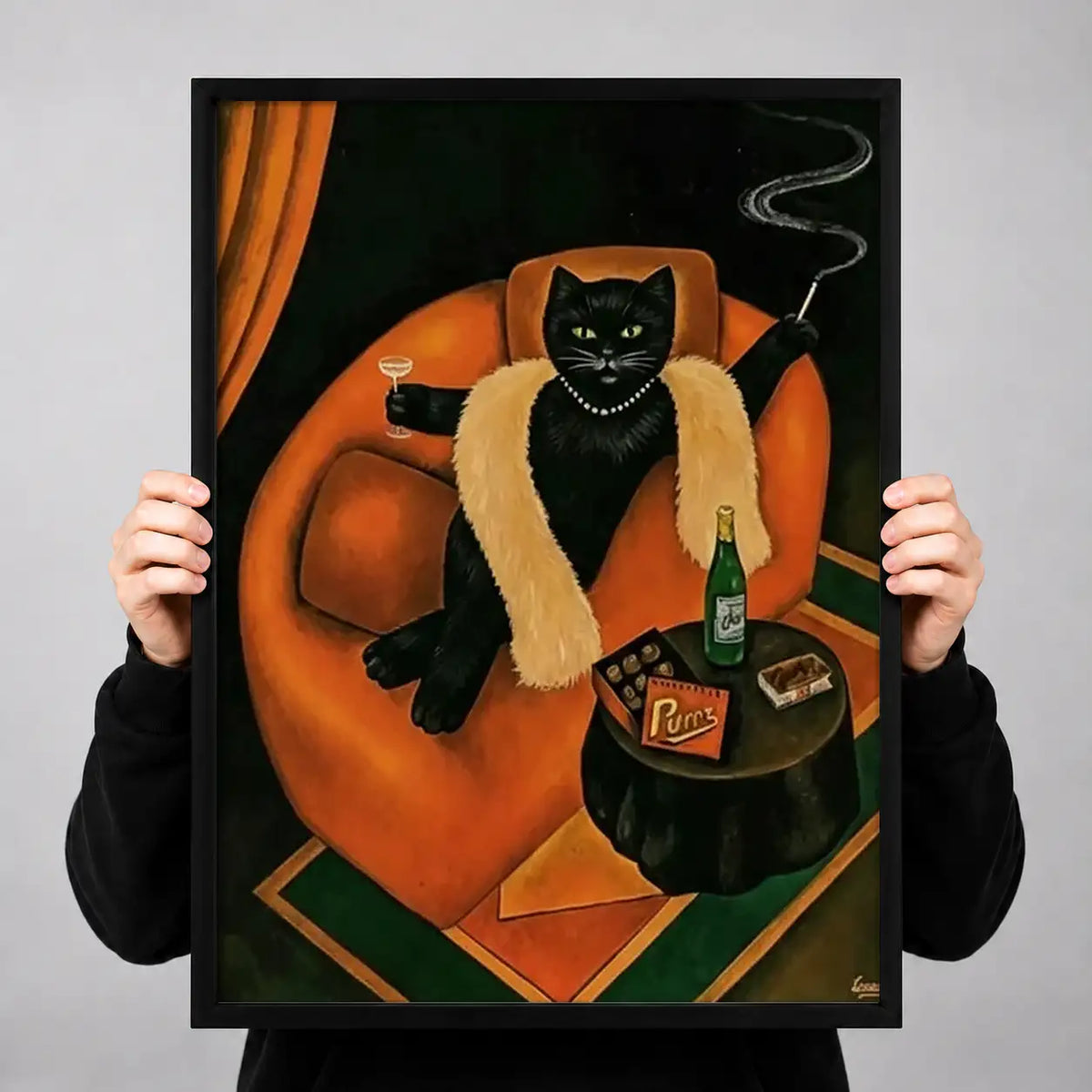 Black Cat with Whiskey in Orange Chair Wall Art 3