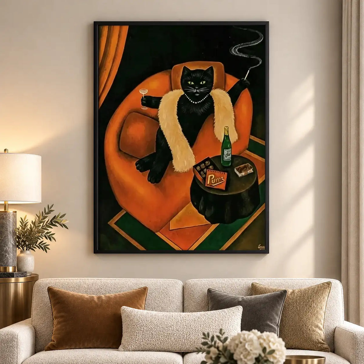 Black Cat with Whiskey in Orange Chair Wall Art 5