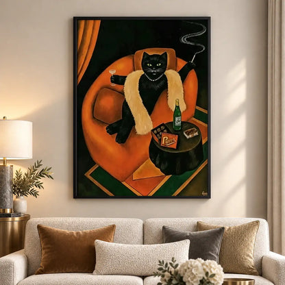 Black Cat with Whiskey in Orange Chair Wall Art 5