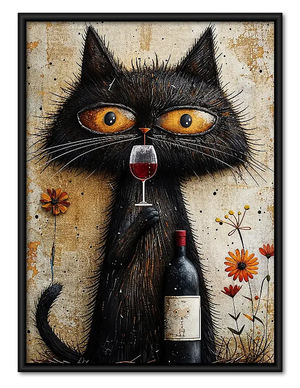Black Cat with Wine and Flowers Wall Art