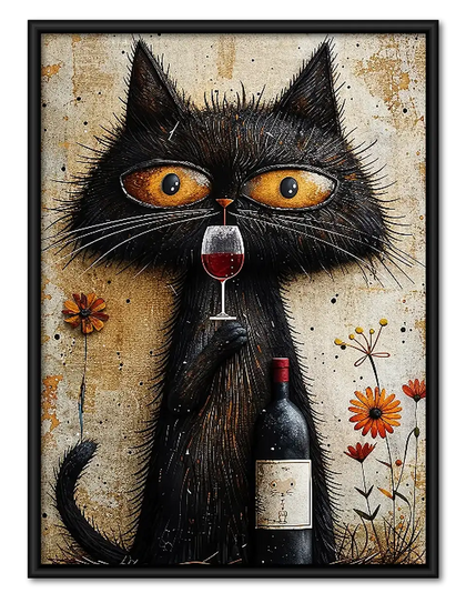 Black Cat with Wine and Flowers Wall Art
