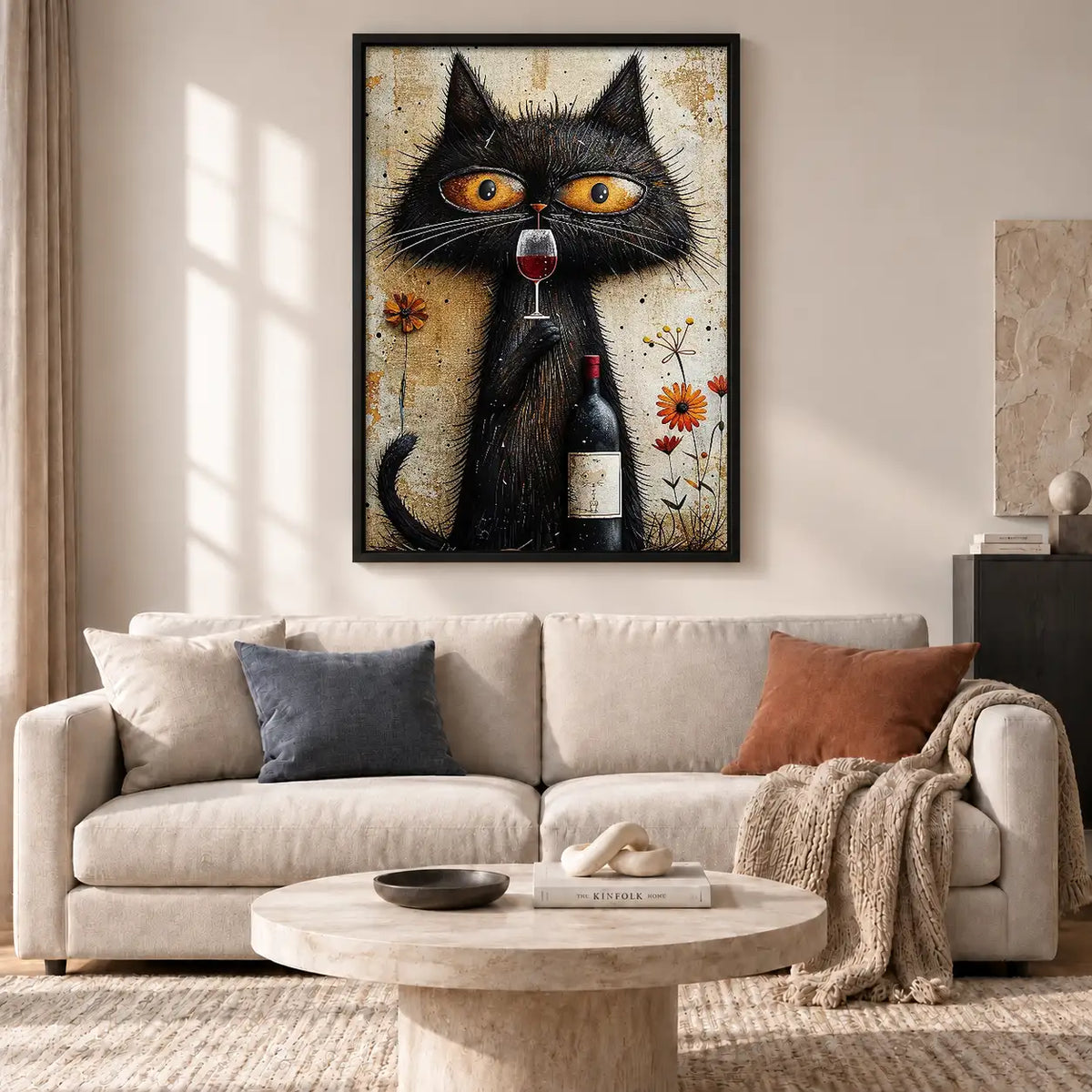 Black Cat with Wine and Flowers Wall Art 2