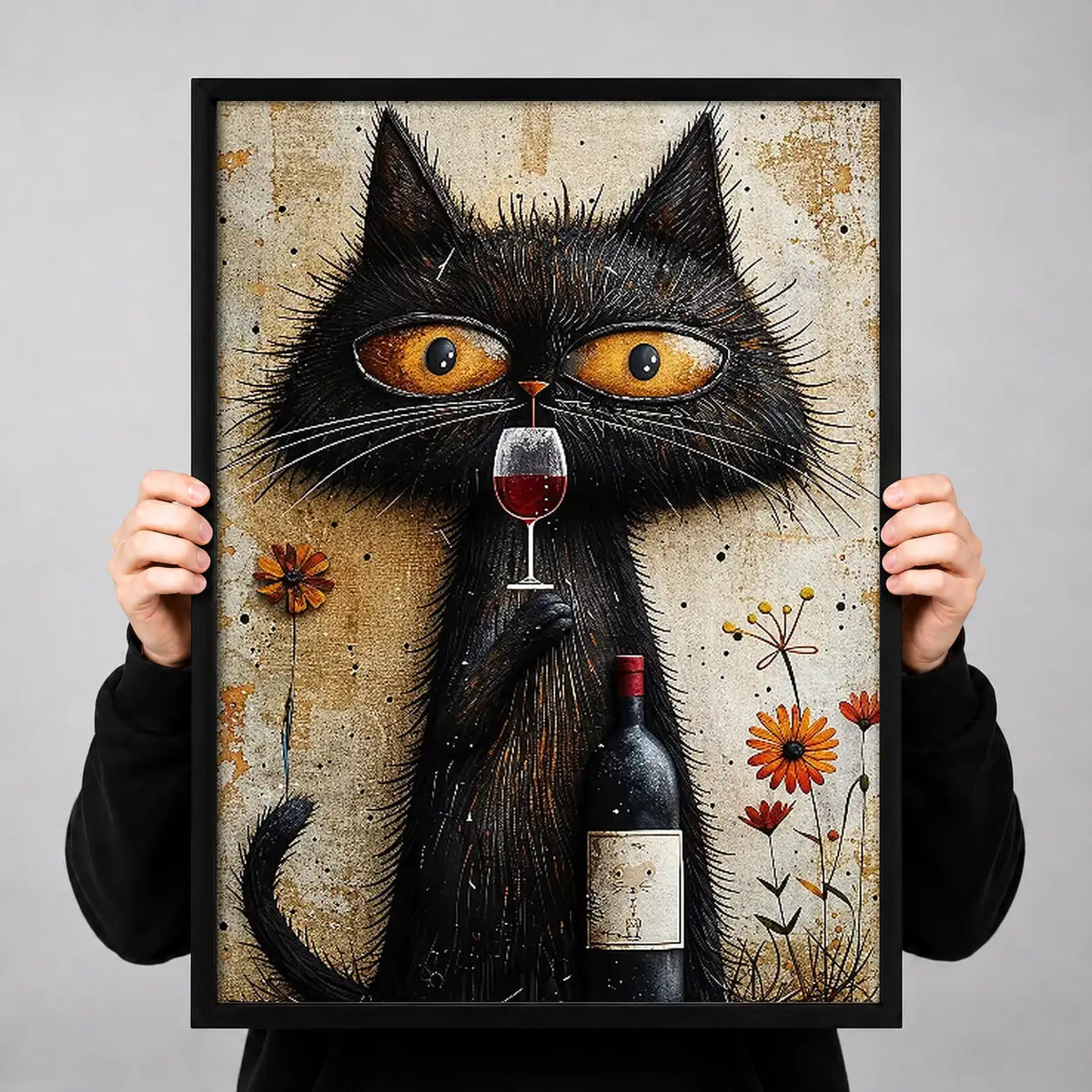 Black Cat with Wine and Flowers Wall Art 3