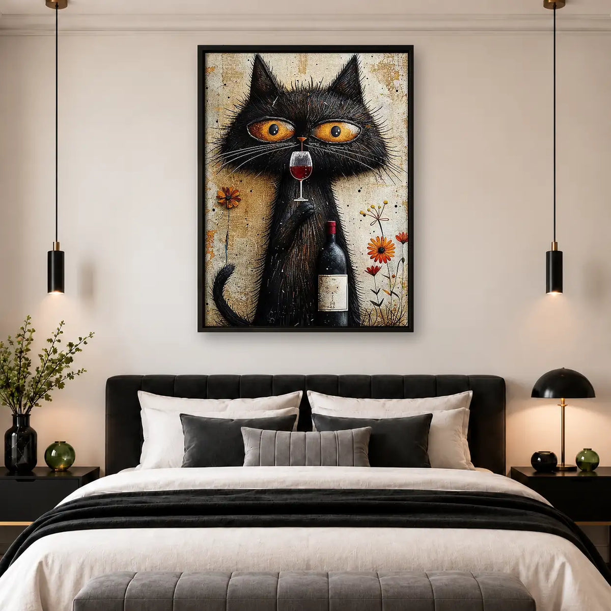 Black Cat with Wine and Flowers Wall Art 4