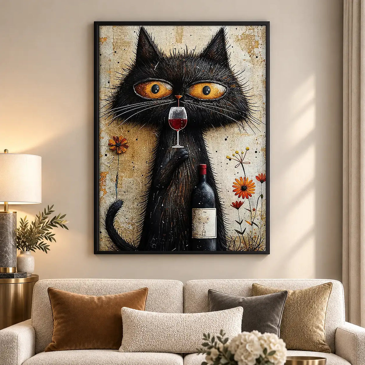Black Cat with Wine and Flowers Wall Art 5