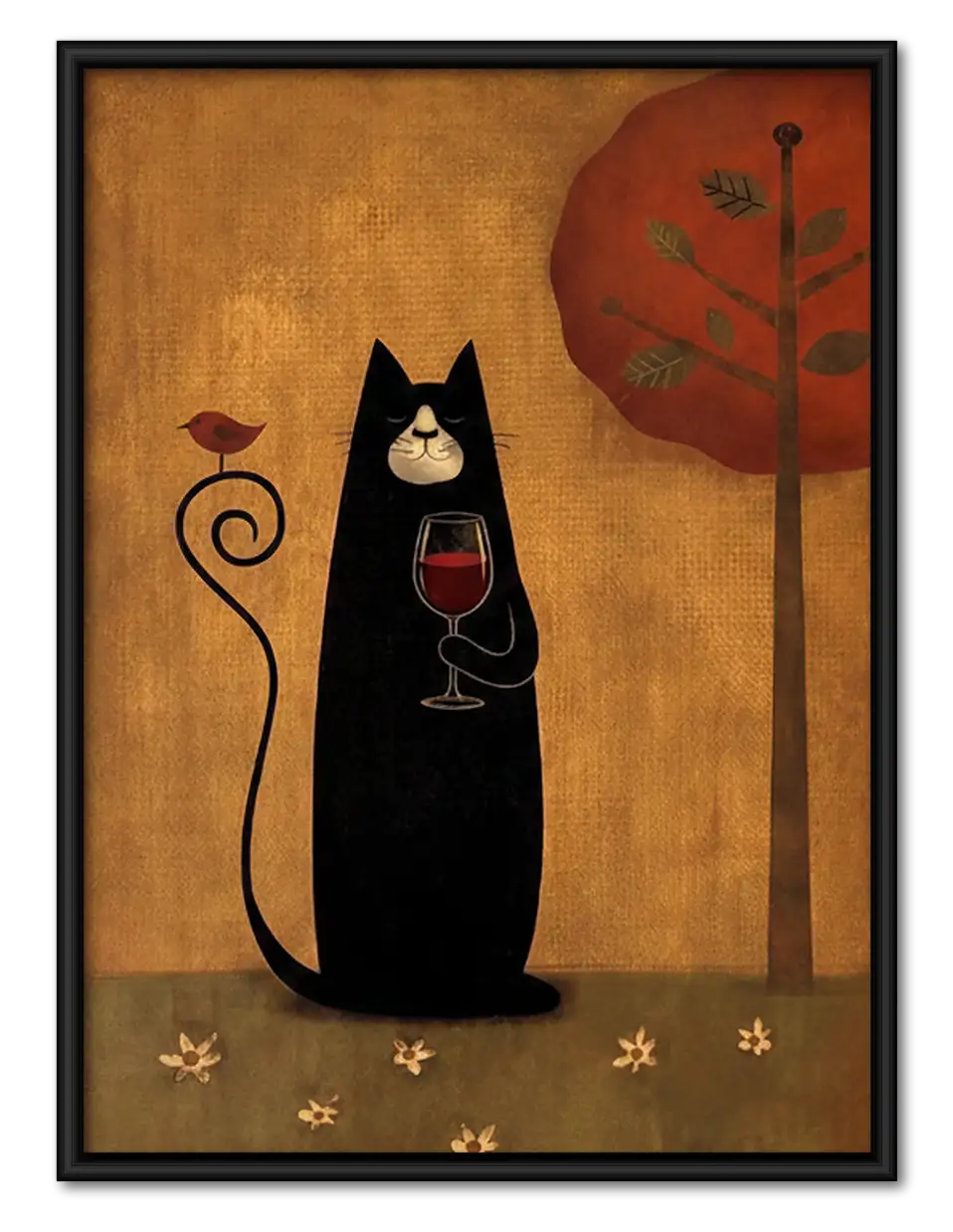 Black Cat with Wine by Red Tree Wall Art 1