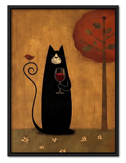 Black Cat with Wine by Red Tree Wall Art